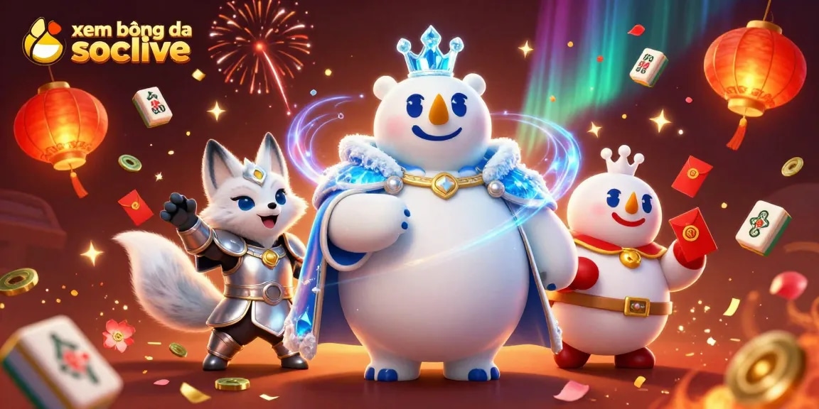 xem bóng đá socolive offers thrilling moments, featuring a polar bear king and a heroic snow fox amidst festive elements.