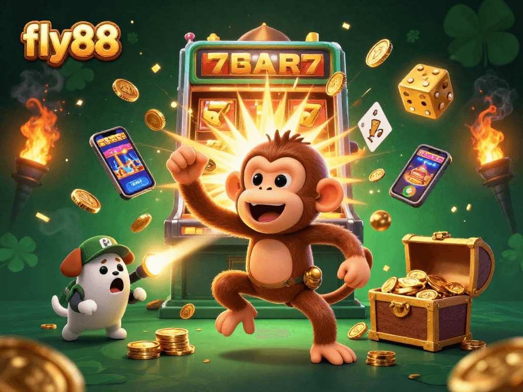 Experience the thrill of fly88 with a playful monkey juggling casino treasures in a vibrant, colorful casino atmosphere.