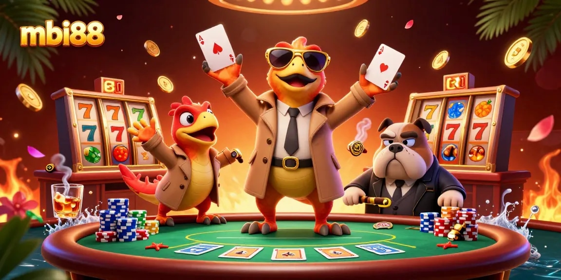 Experience bombe chances at mbi88 with raptors in a trench coat entering a vibrant casino scene.