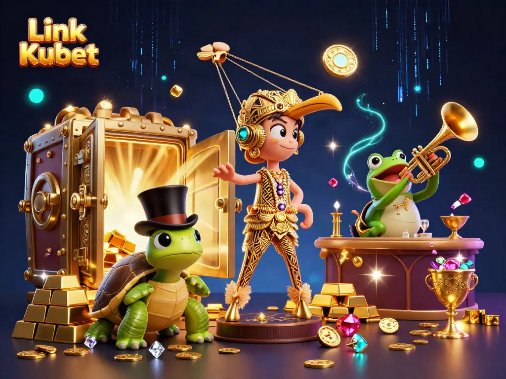 Experience the excitement of Link Kubet with this vibrant 3D illustration of casino characters and treasures.