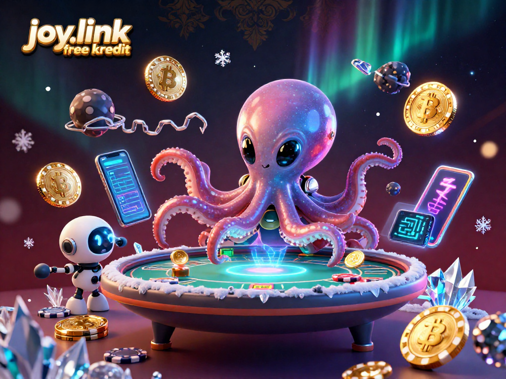 Engage with joy.link free kredit at a futuristic poker scene with a 3D alien octopus.
