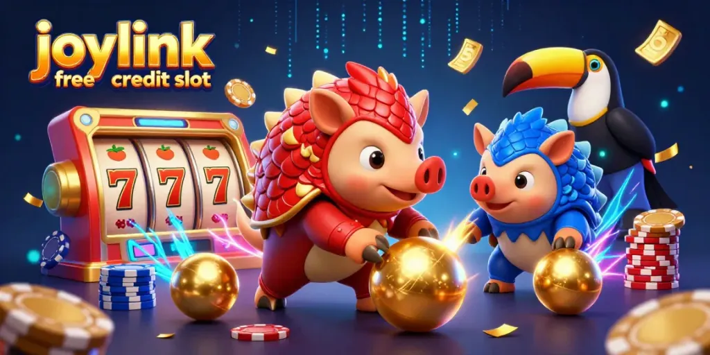 Engage in action with the joylink free credit slot featuring rival pangolins rolling through poker chips, showcasing exciting gambling elements.