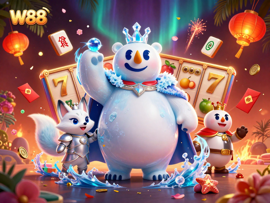Lucky W88 online casino scene with polar bear king, snow fox, and vibrant slot game elements