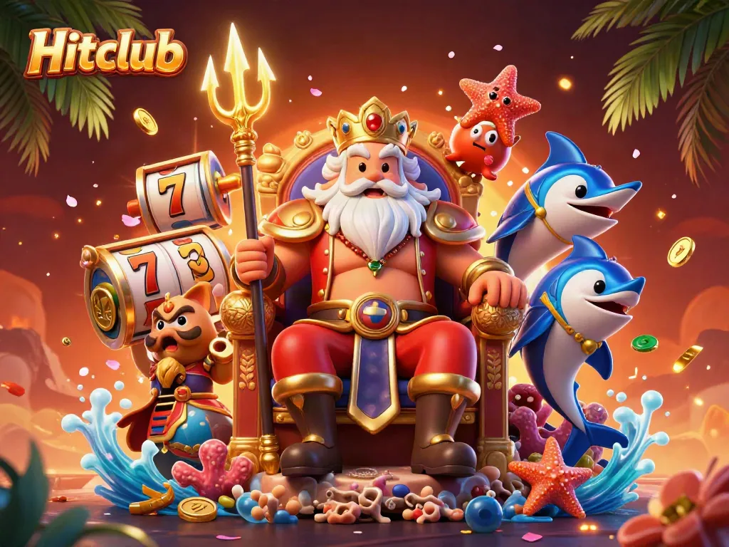 Spin the reels of Hitclub with Neptune and his swordfish samurai in a vibrant casino scene.