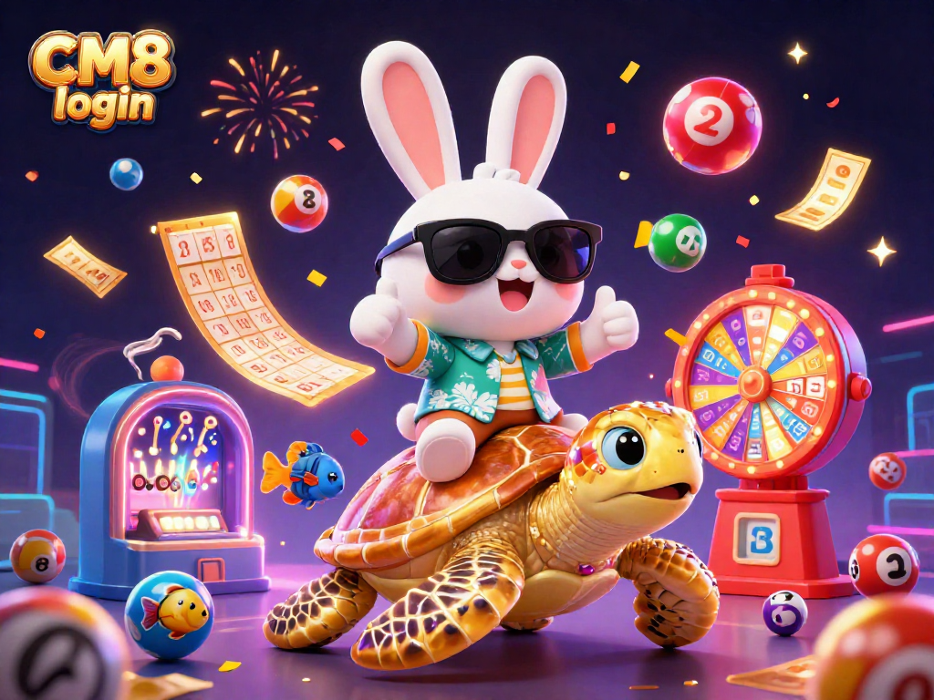 Experience exciting gameplay with CM8 login while a rabbit celebrates victory on a sea turtle.