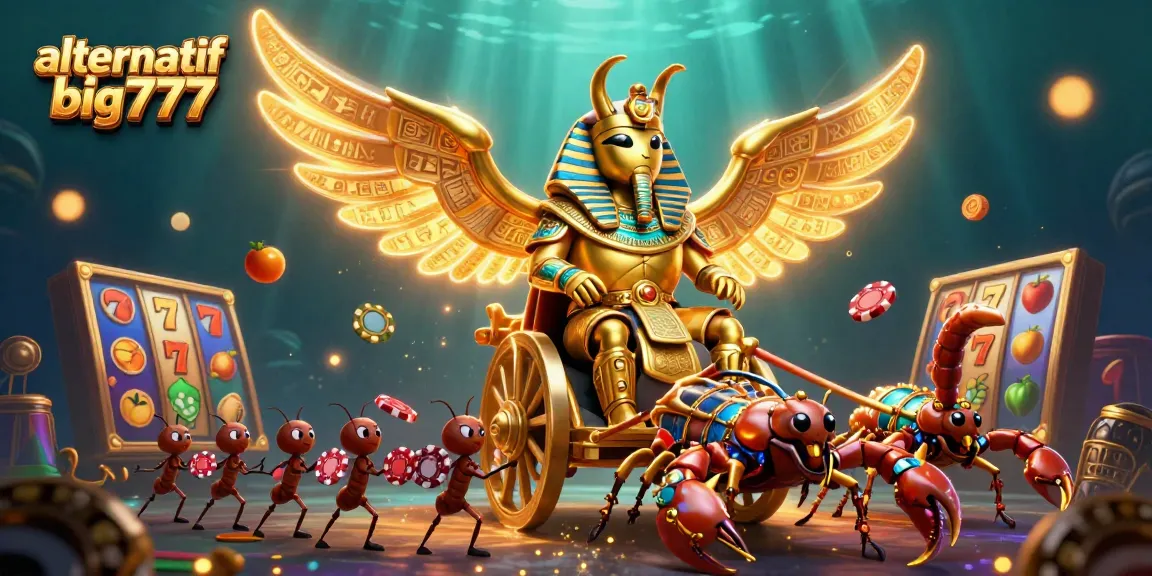 Engage with alternatif big777 slots, showcasing epic adventures with golden beetles and jewels.