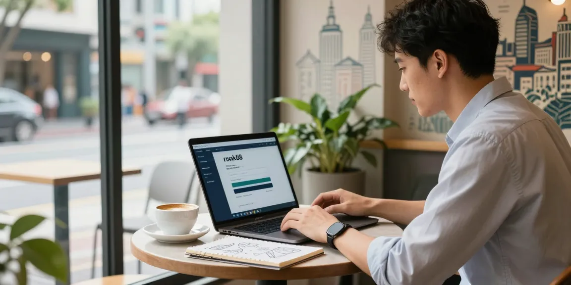 Young professional accessing rokok88 login at a stylish café with vibrant street life outside.