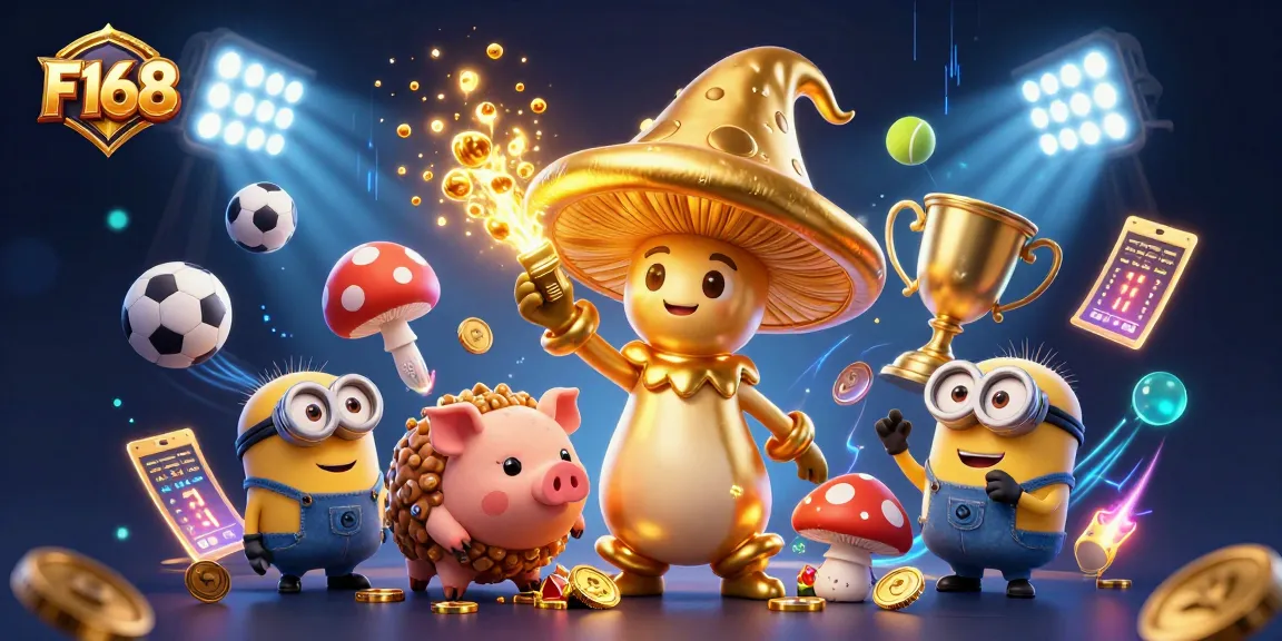 Experience F168 with magical golden creatures and dynamic sports betting elements in a vibrant casino scene.