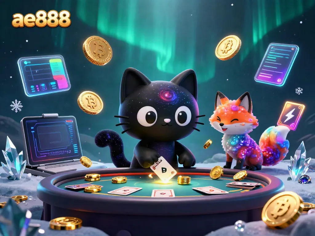 Engage with the ae888 casino realm, featuring a cosmic black hole cat attracting golden chips and NFT cards.