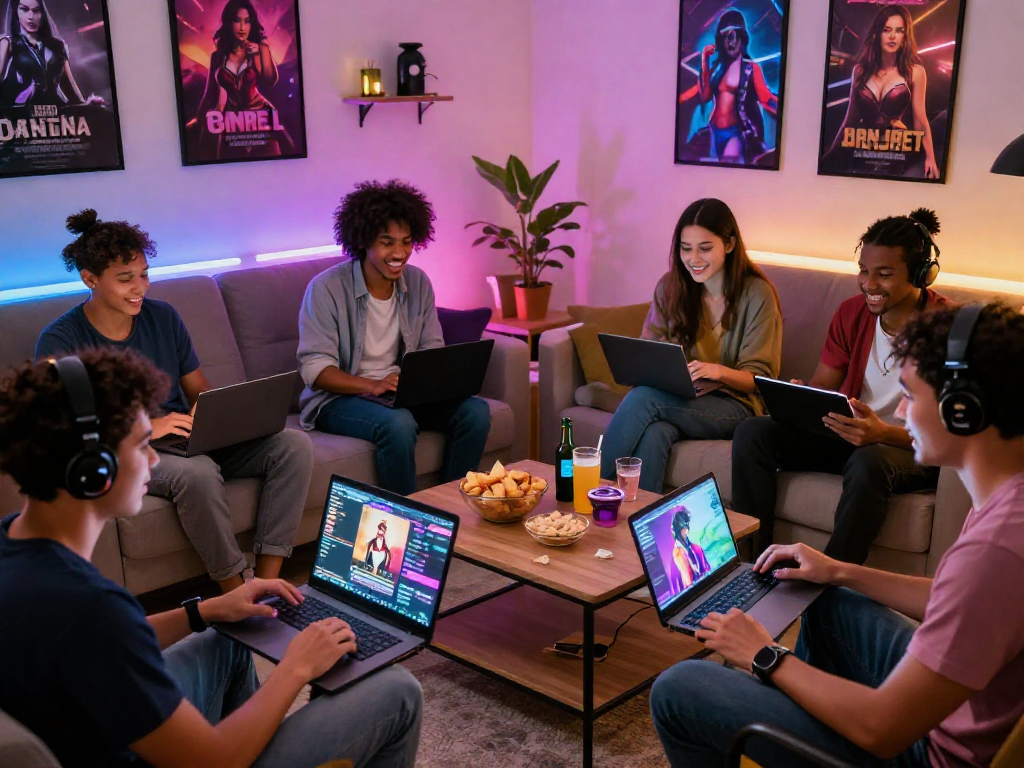 Exciting scene of friends playing porno games together on various devices in a vibrant living room atmosphere.