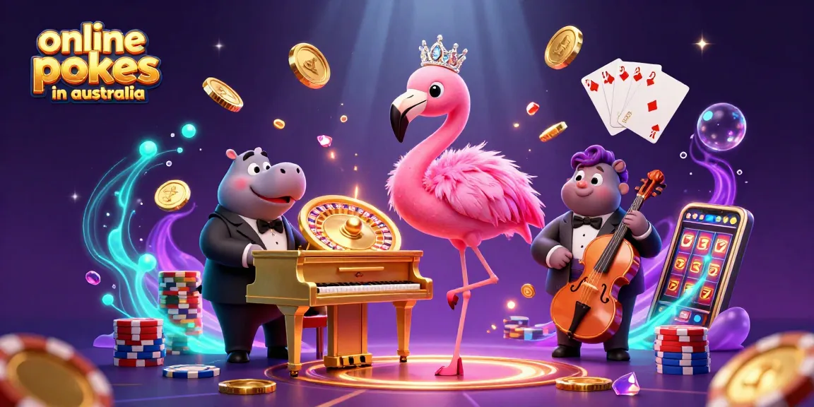 Experience thrilling online pokies in Australia with vibrant gaming elements, featuring a 3D cartoon flamingo and hippo performers.