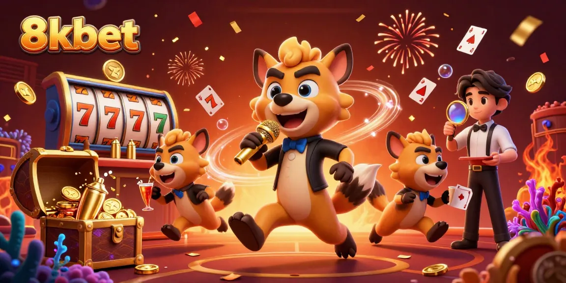 Experience 8kbet's vibrant casino atmosphere with animated hyenas delivering jokes and mixing drinks.