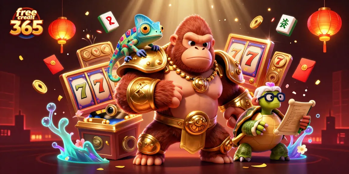 Play with free credit 365 in a vibrant casino scene featuring a gorilla king, colorful elements, and rich details.