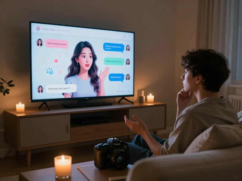 Interactive NSFW AI chat session featuring engaging character in a cozy setting with candles and tech ambiance.