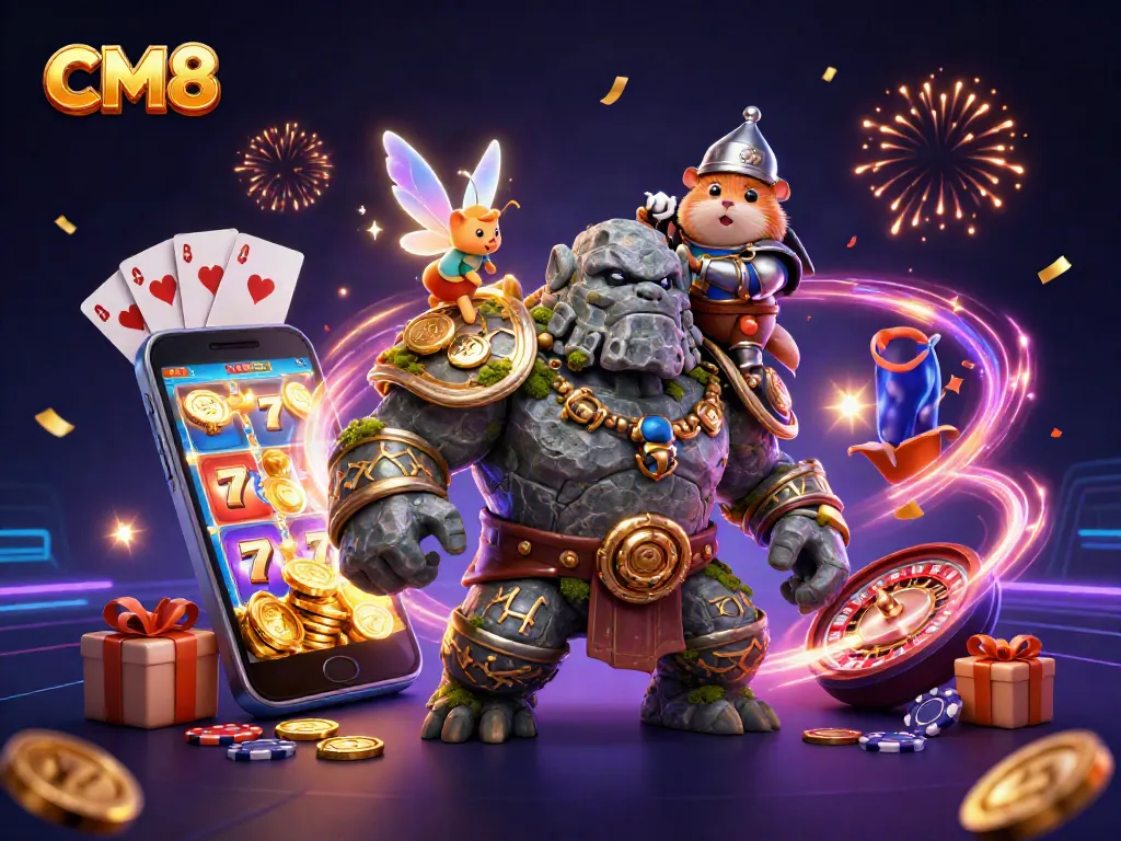 CM8 illuminates the casino scene as the golem guardian and companions celebrate big wins!