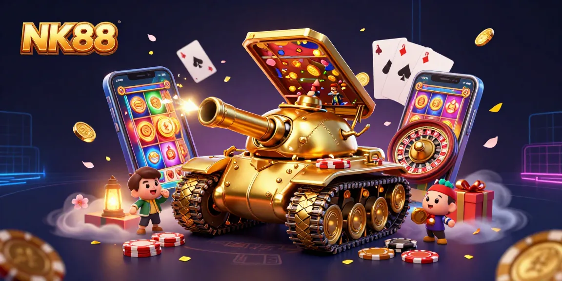 Experience the excitement of NK88 with a lively 3D casino scene featuring animated characters and gaming elements.