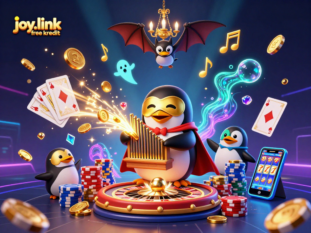 Experience joy.link free kredit with exciting casino elements like golden coins and a thrilling acrobat above.