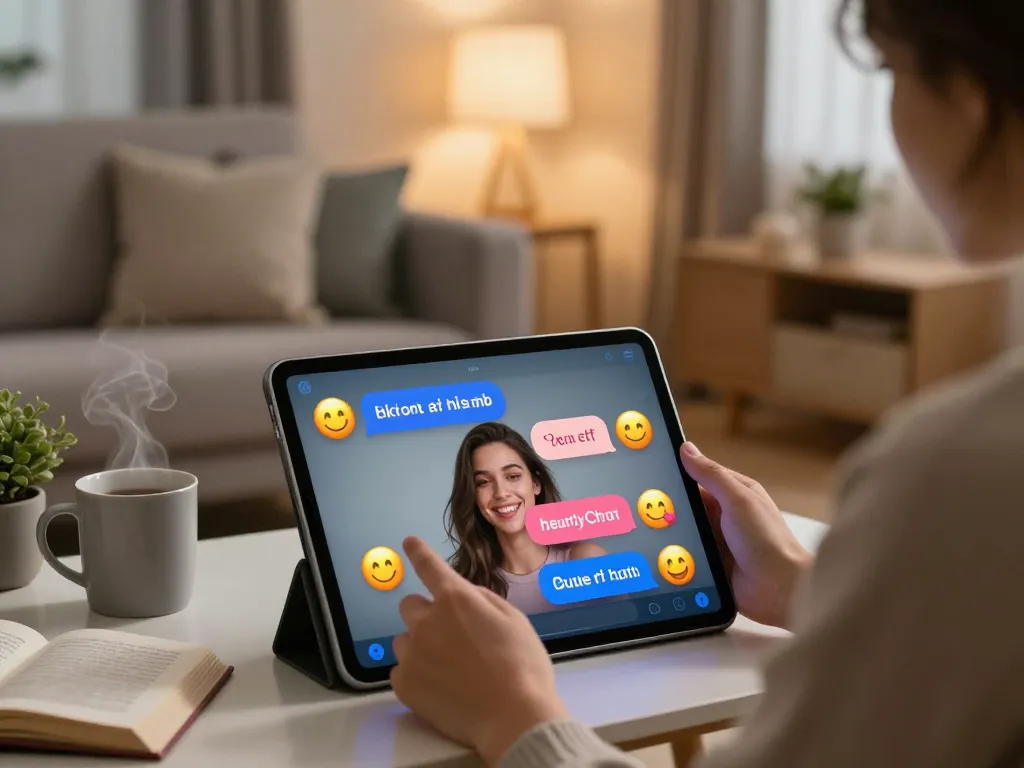 User enjoying an ai sex chat on a tablet in a cozy living room, highlighting modern intimate interactions.
