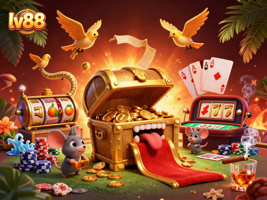 Experience thrilling slots at lv88 with golden treasures and vibrant casino elements surrounding the scene.