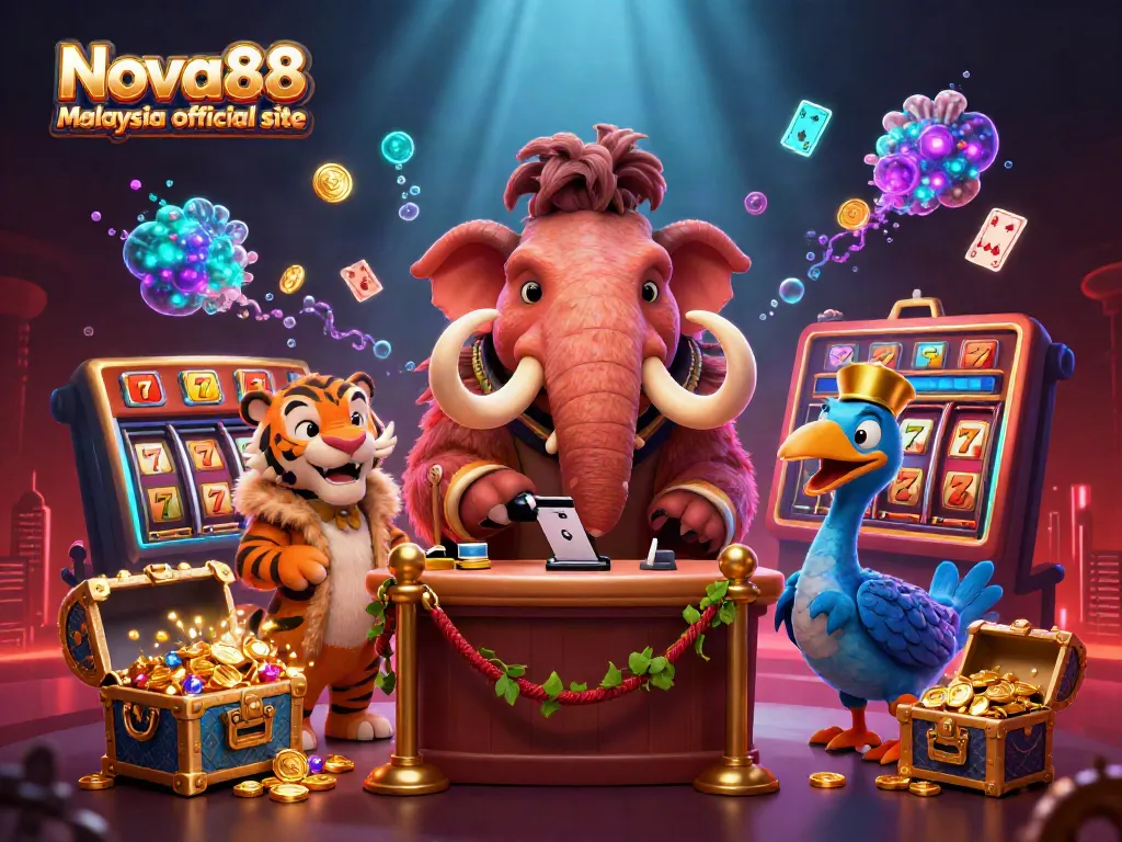 Nova88 Malaysia official site illustration featuring vibrant casino elements with unique animal characters.