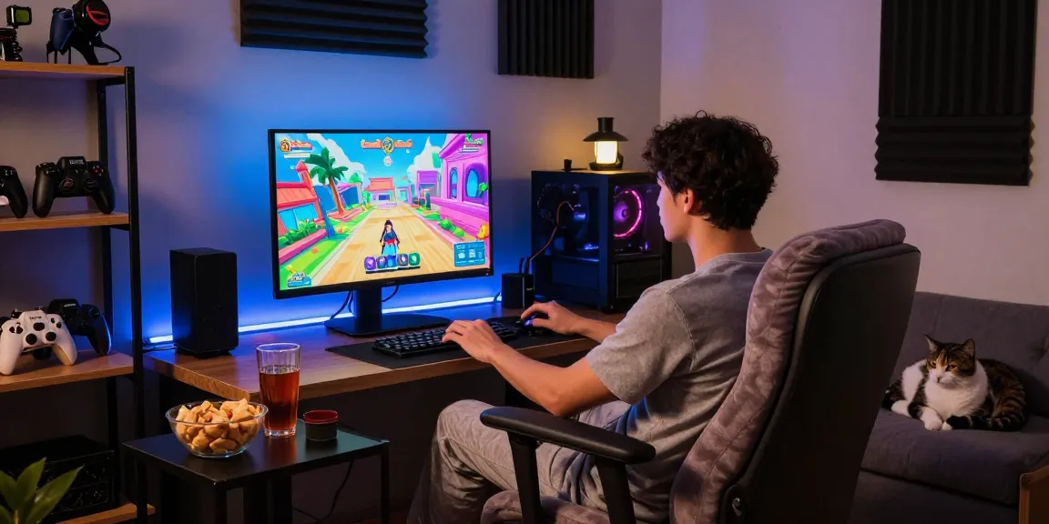 Gamer immersed in an ecchi simulator game in a cozy gaming room.