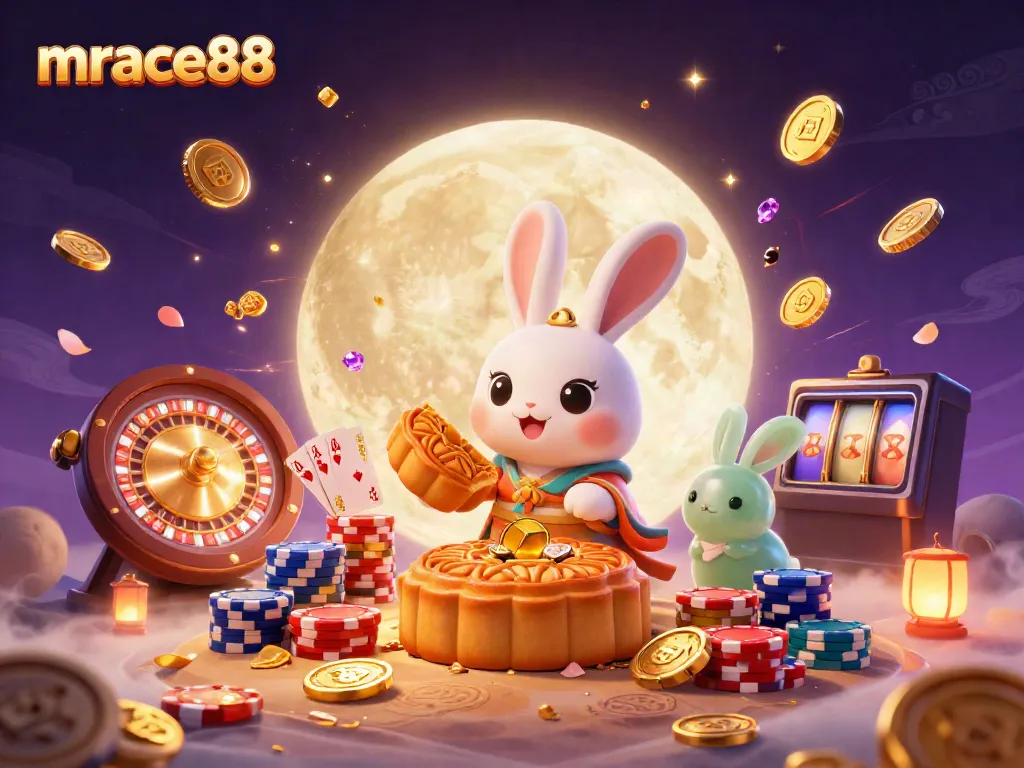 Engage in thrilling gameplay with mrace88, where a moon rabbit reveals poker chips from golden mooncakes.