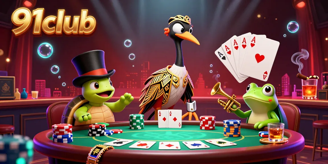 Engage in thrilling gaming action with the lively scene at 91club featuring vibrant characters and casino elements.