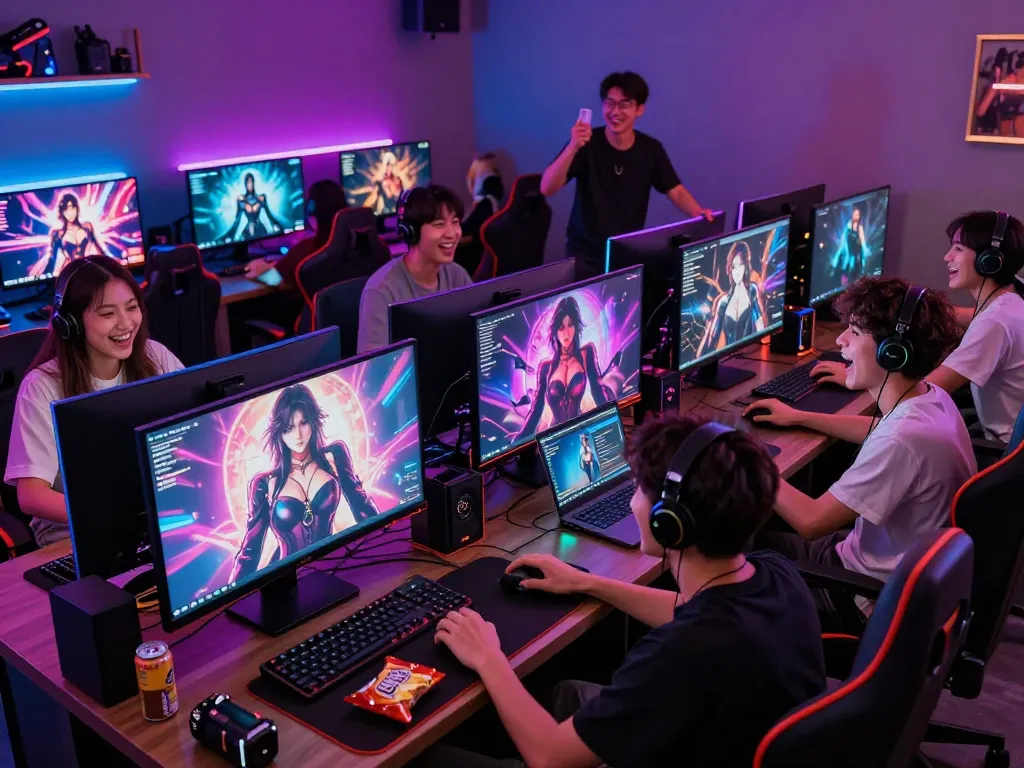 Group of friends enjoying a porno game experience in a lively gaming lounge.