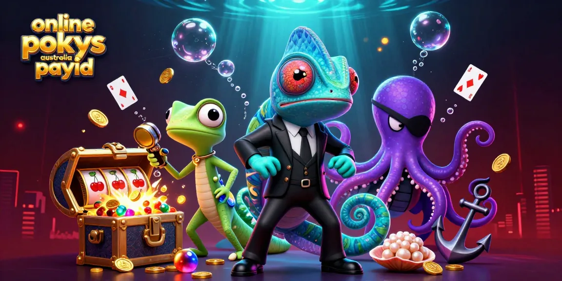 Play online pokies Australia PayID with a dynamic casino scene full of slot reels and vibrant characters.