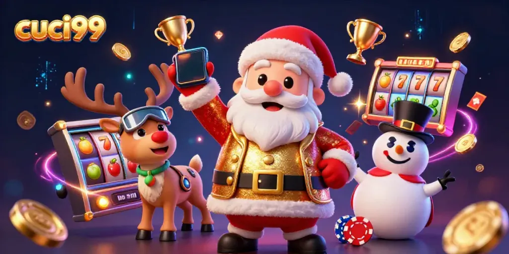 Win big with cuci99 at an exciting casino scene featuring a friendly Santa and festive characters.