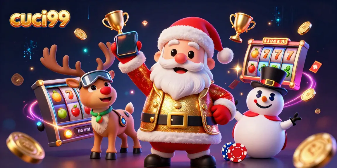 Win big with cuci99 at an exciting casino scene featuring a friendly Santa and festive characters.