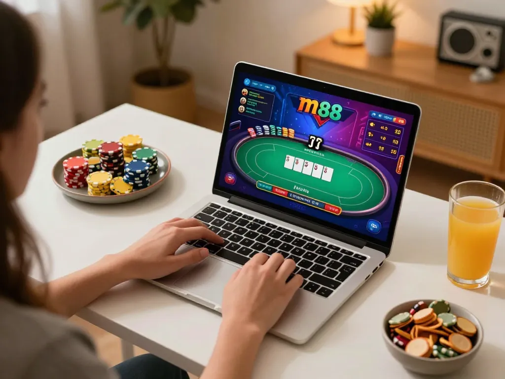 Engaging in online gaming on m88 capital with a laptop setup showcasing poker gameplay and strategic notes.