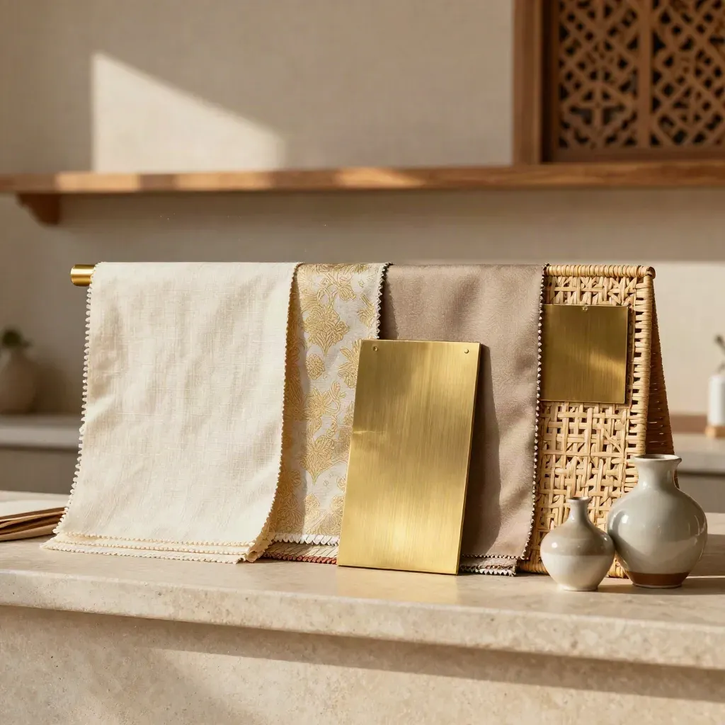 Mood board konsultasi warisan dengan sampel kain, rotan, brass dan pasu seramik di ruang cerah.