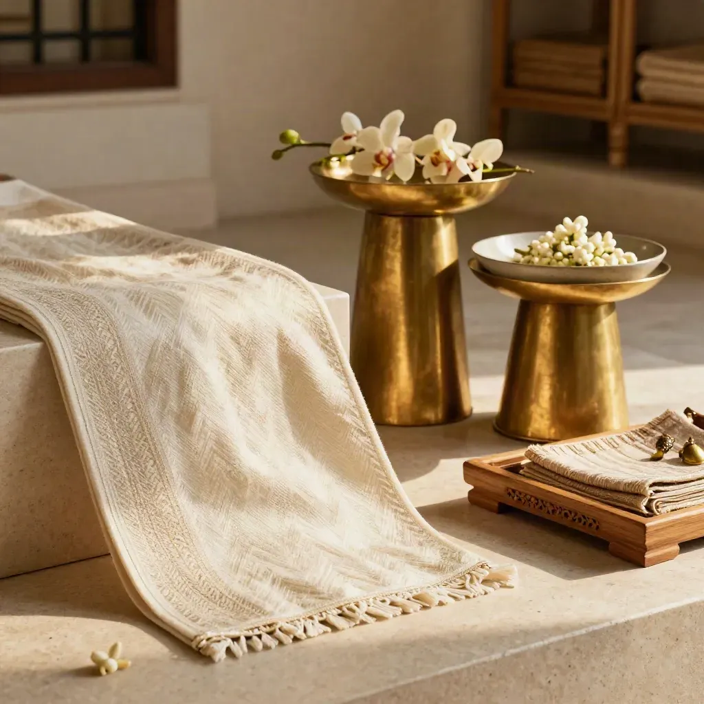 Songket, pedestal brass dan bunga putih di atas travertine dalam ruang warisan