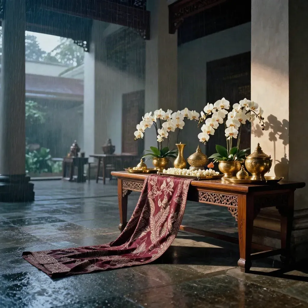 Dewan warisan Malaysia dengan songket, dulang gangsa, bunga ivory dan cahaya senja selepas hujan.