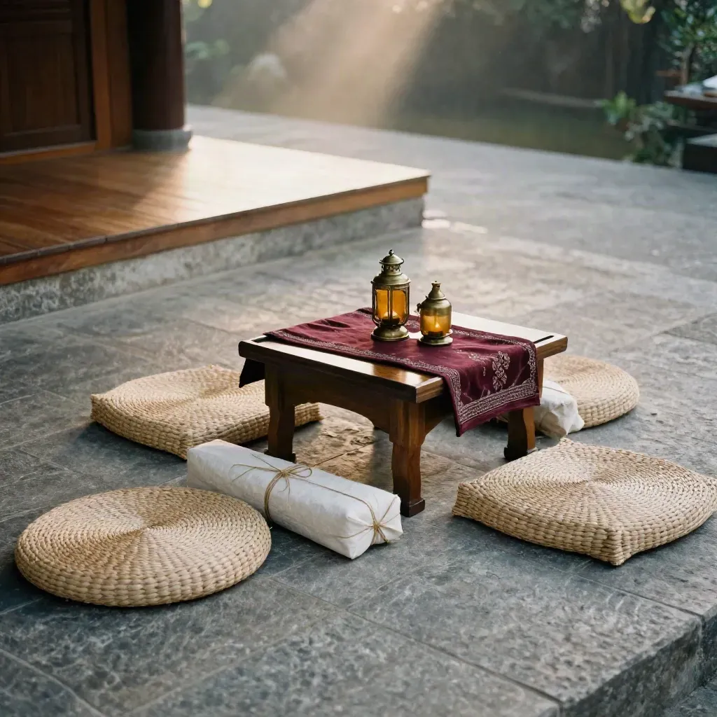 Serambi batu dengan meja upacara, tanglung gangsa dan kain songket berlipat menunggu acara budaya.