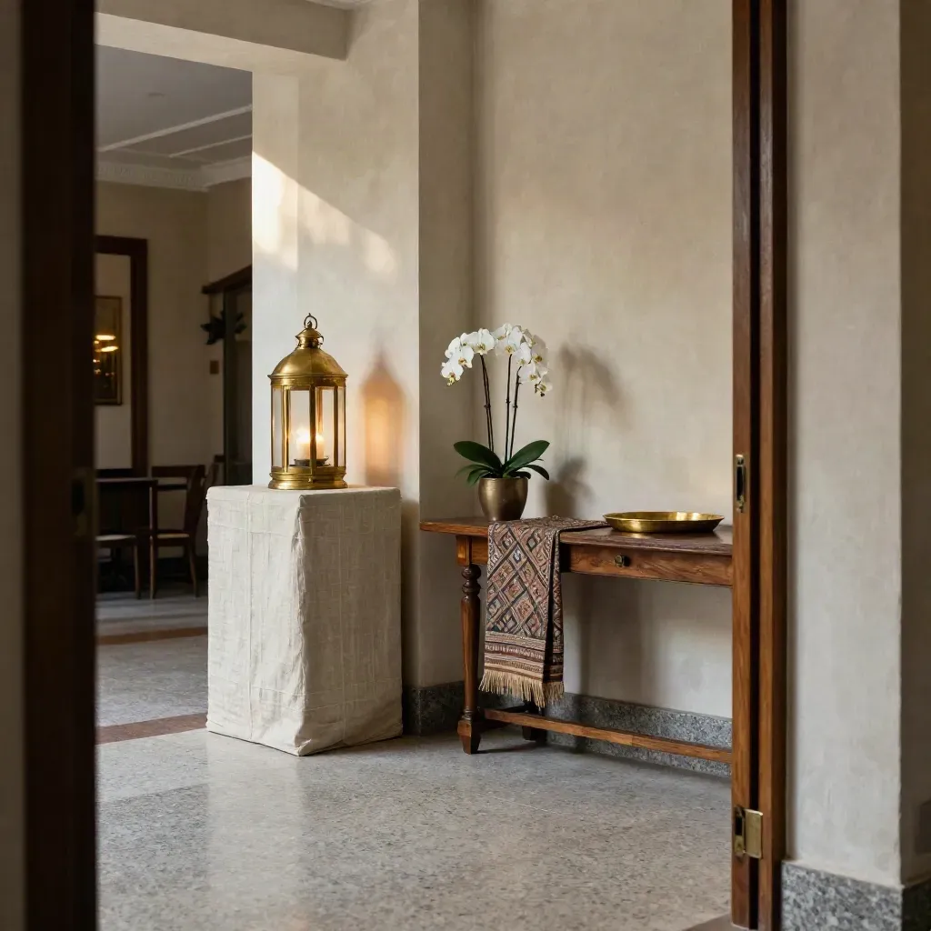 Sudut lobi hotel beradat dengan pedestal kain, tanglung gangsa dan gubahan orkid.