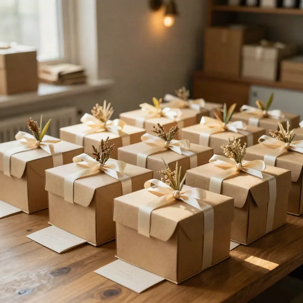 Deretan kotak hamper Raya tersusun kemas di meja kayu, siap untuk penghantaran.