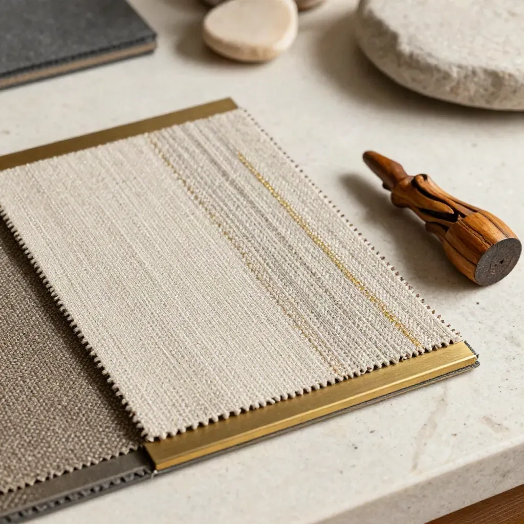 Sampel songket, trim loyang dan ukiran kecil di atas permukaan travertine.