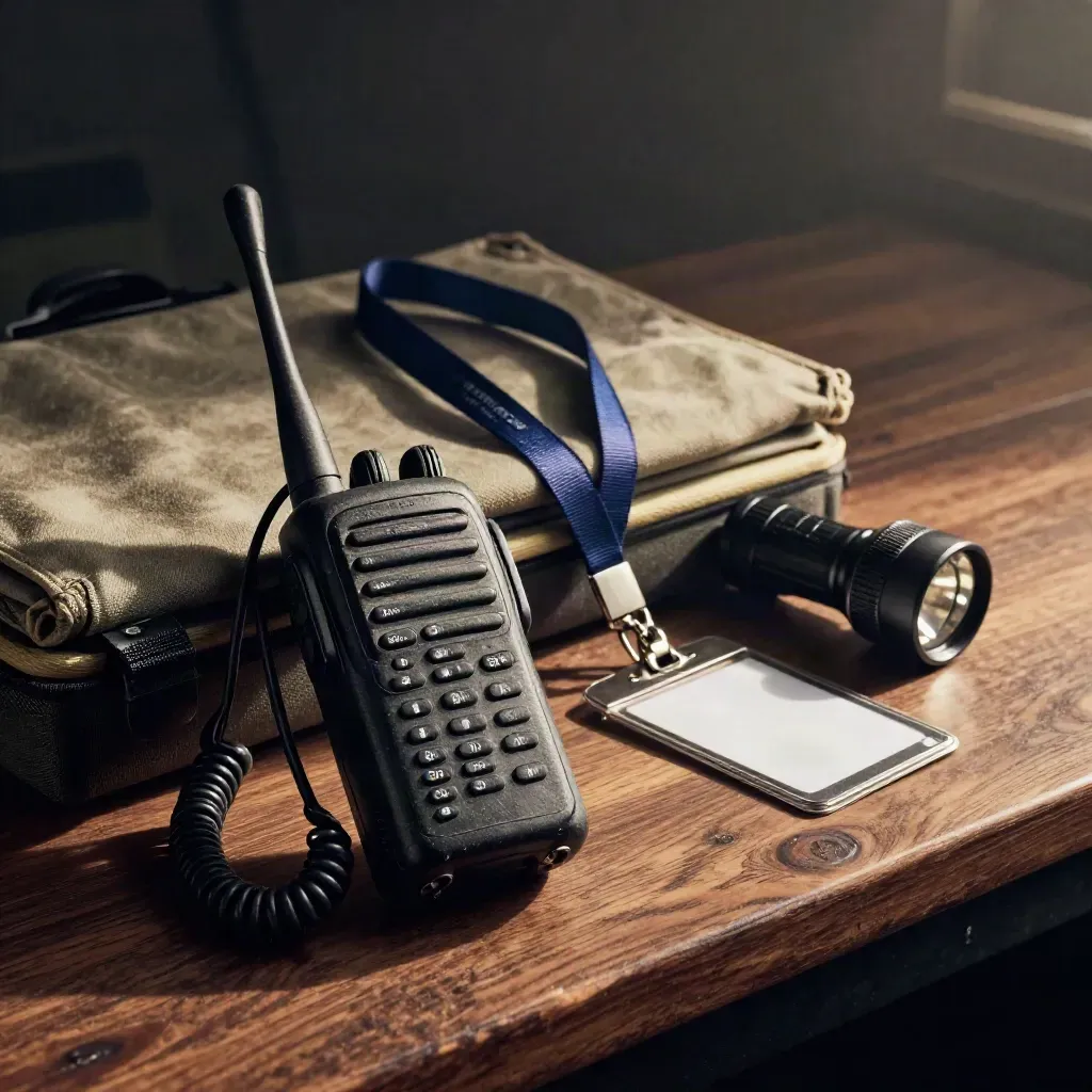 Toolkit penyelaras acara di atas kayu gelap dengan radio, kabel, lanyard dan lampu suluh.