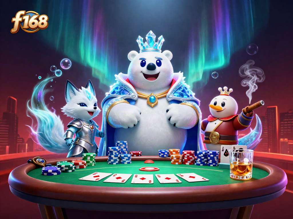 Engage in the exciting f 168 card game scene with a polar bear king and snow fox.