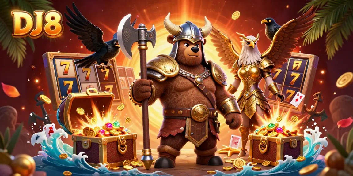 DJ8 showcases a Viking bear and Valkyrie eagle amidst slot reels, jackpot symbols, and treasures.