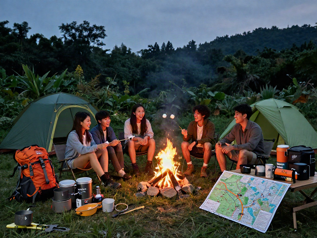 Friends enjoying ROKOK88 camping gear while roasting marshmallows at a cozy campfire during twilight.