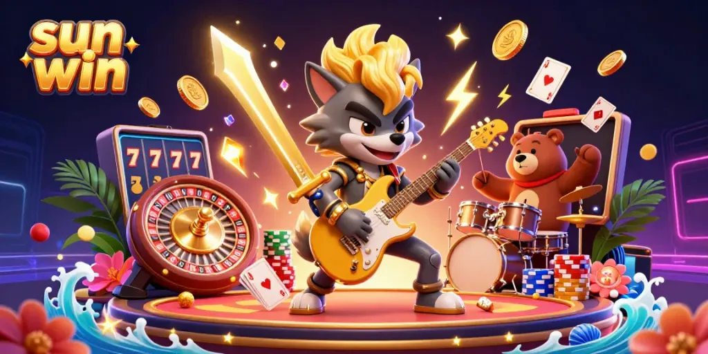 Experience the thrill of sun win with a vibrant 3D casino scene showcasing dynamic characters and thrilling game elements.