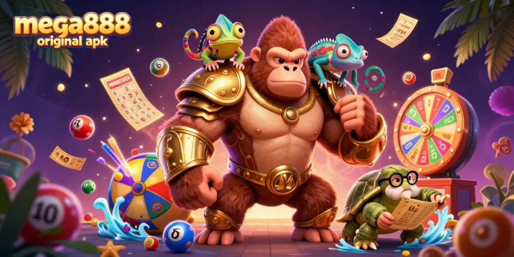Experience mega888 original apk with a vibrant scene of casino characters and exciting game elements.
