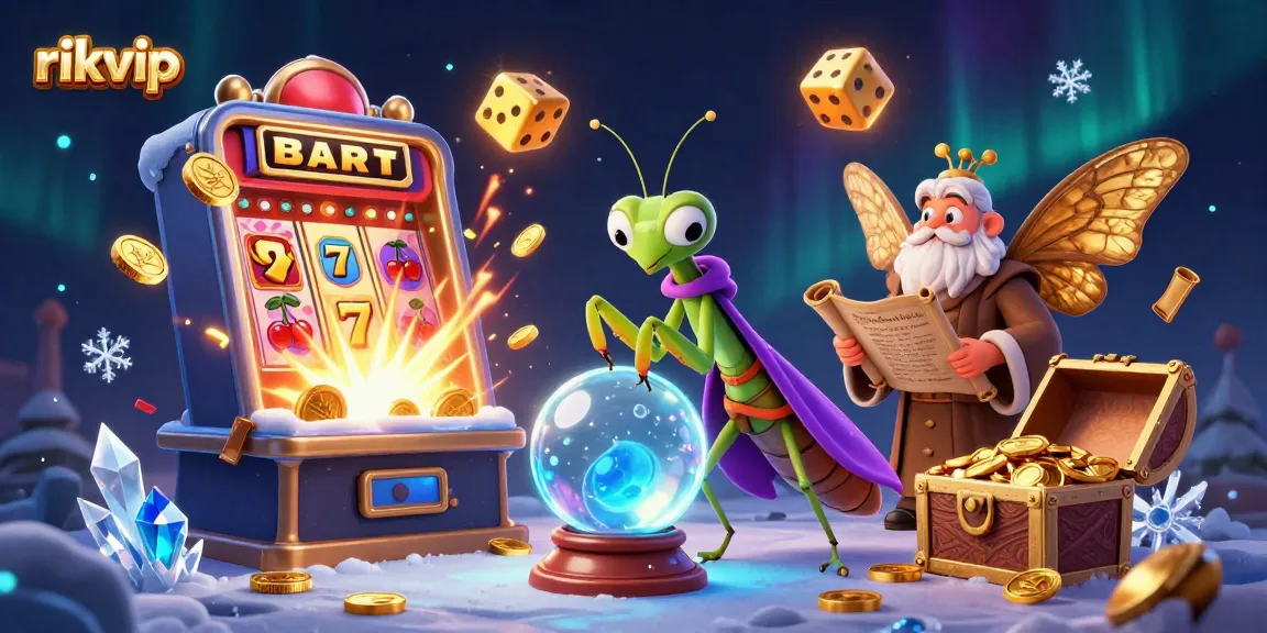 Experience thrilling gameplay at rikvip with a mystical fortune teller, slot machine, and cascading coins.