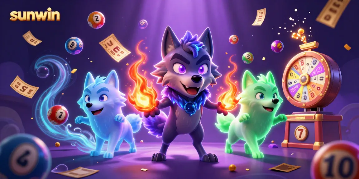 Experience thrilling jackpots with sunwin in this vibrant 3D illustration featuring lucky lottery elements and enchanted wolves.