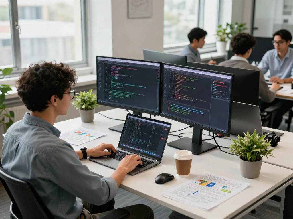 Dynamic tech workspace showcasing professionals collaborating effectively, highlighting rokok88 alternatif amidst innovative coding projects and engaging teamwork.
