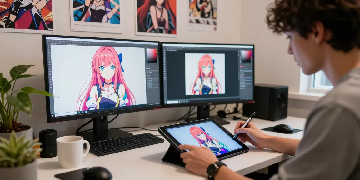 Creating AI ecchi art in a vibrant studio, showcasing digital creativity and inspiration.