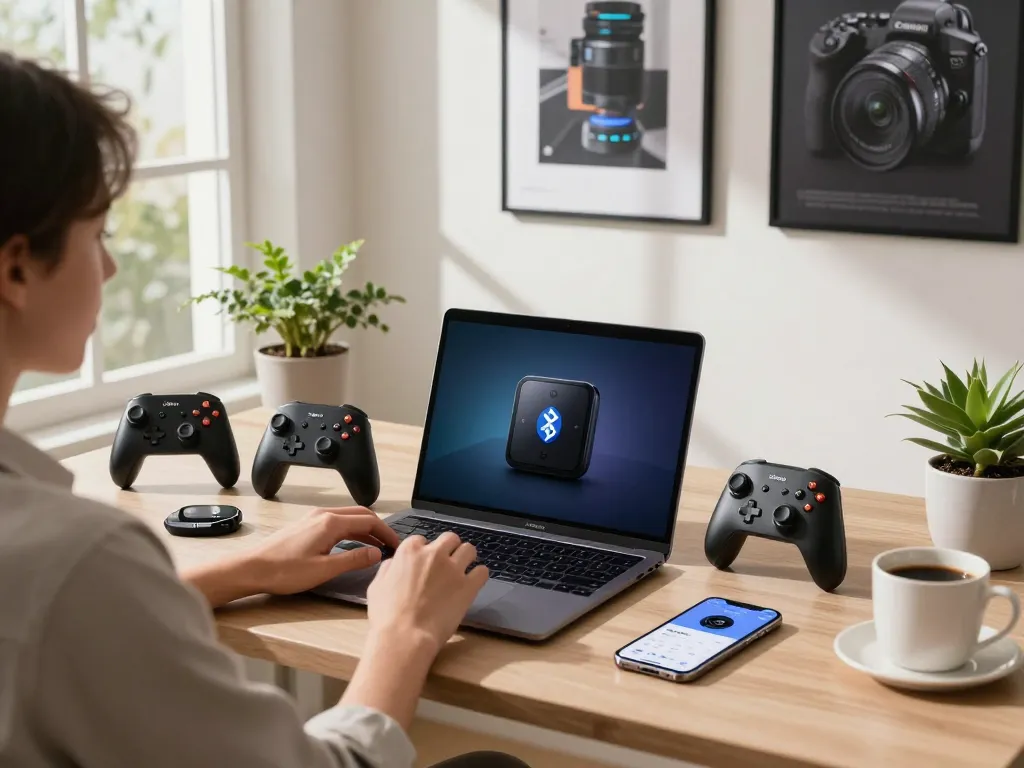 Person using must-have tech gadgets in a modern home office featuring Bluetooth devices.